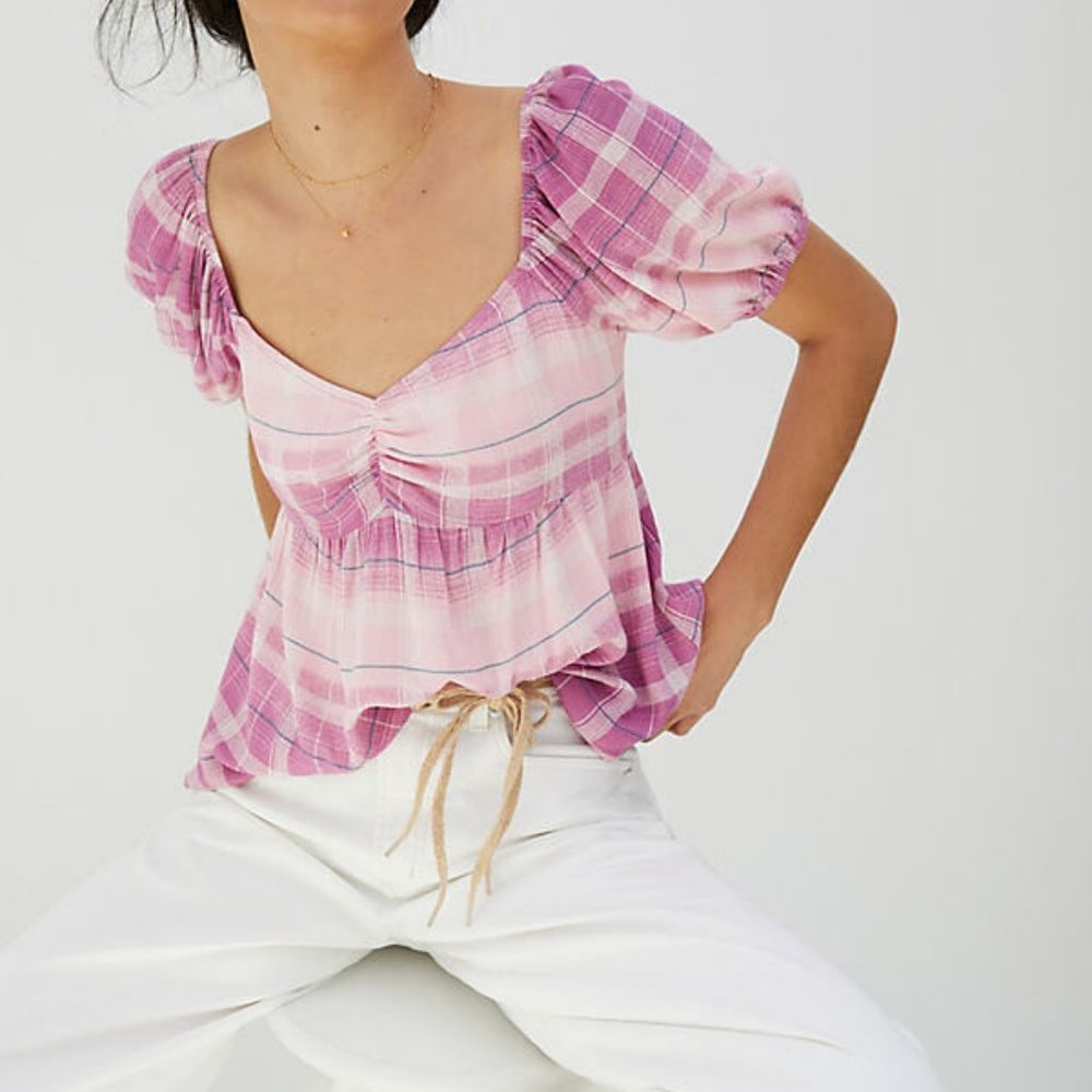 Anthropologie En Elly Ombre Plaid Babydoll Blouse Sweetheart Smocked Top L NWT